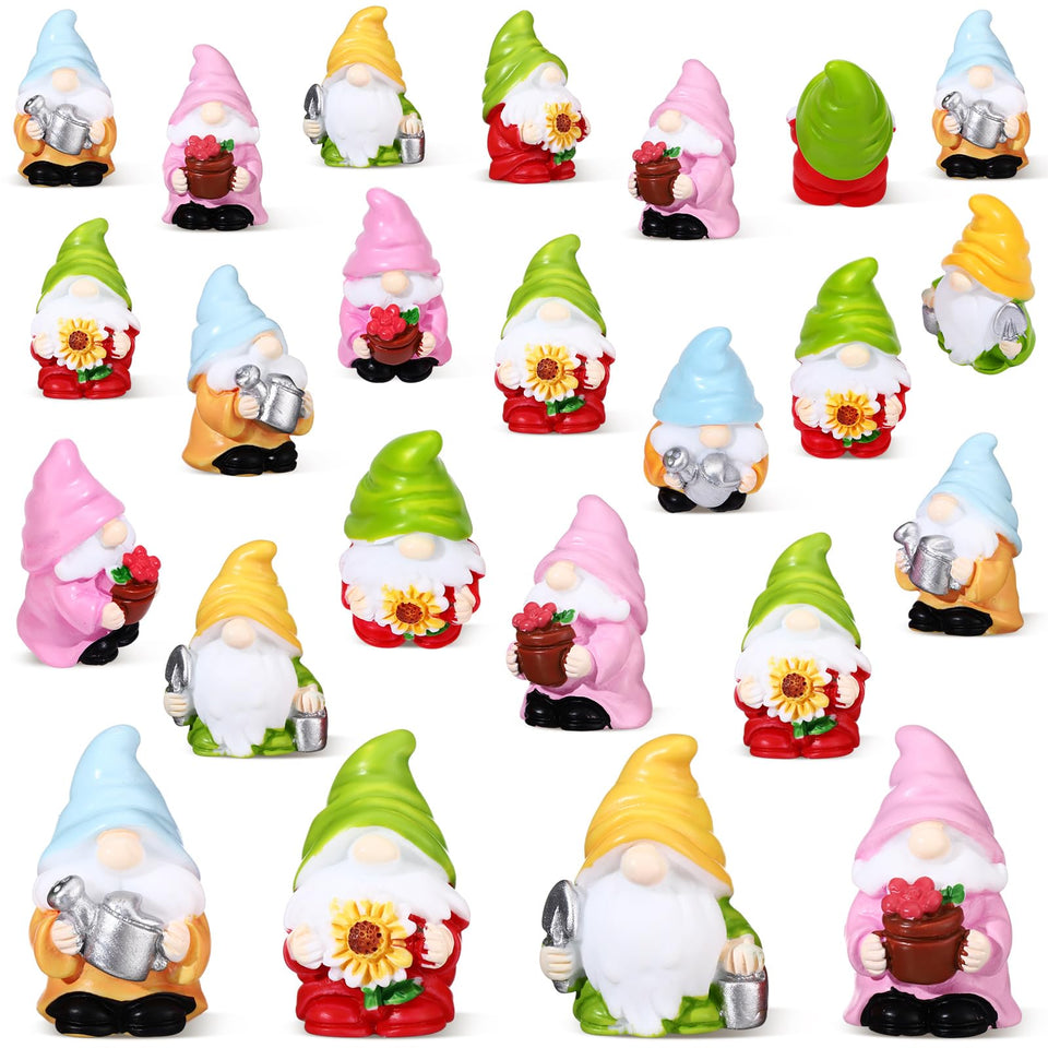 Wonderjune spring mini gnomes with sunflowers brighten indoor shelves.
