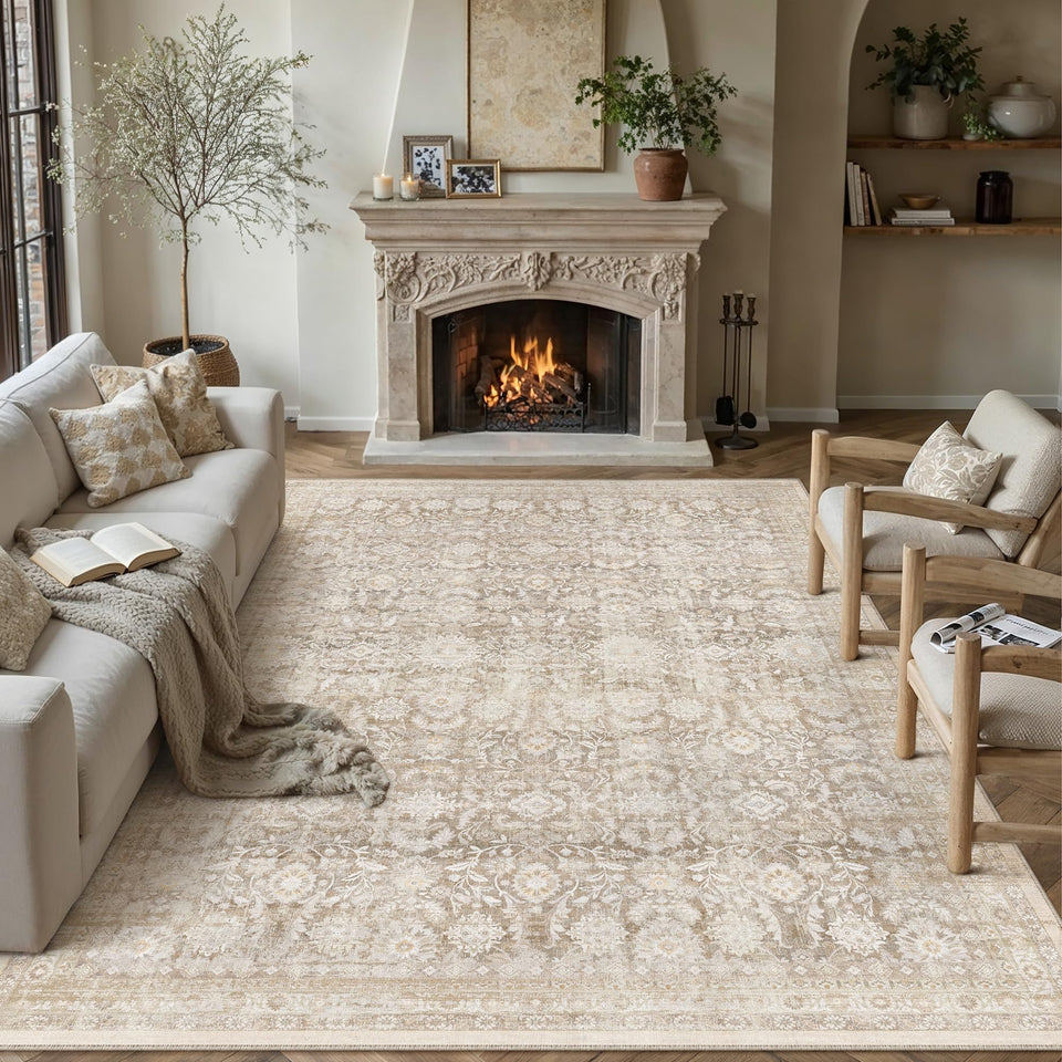 WondRg 8x10 beige washable floral rug for easy cleaning and timeless living room style.