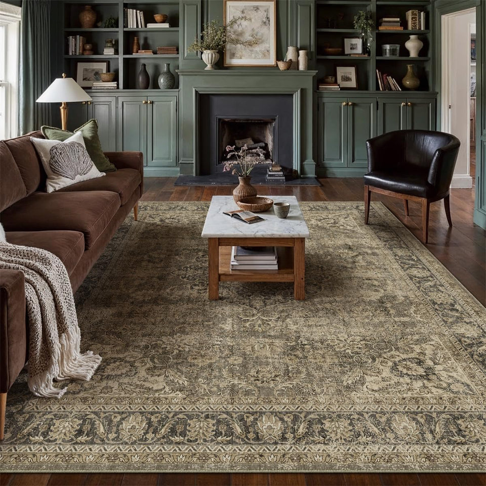 WondRg 8x10 rug brown vintage oriental, enhances living room décor with classic appeal.