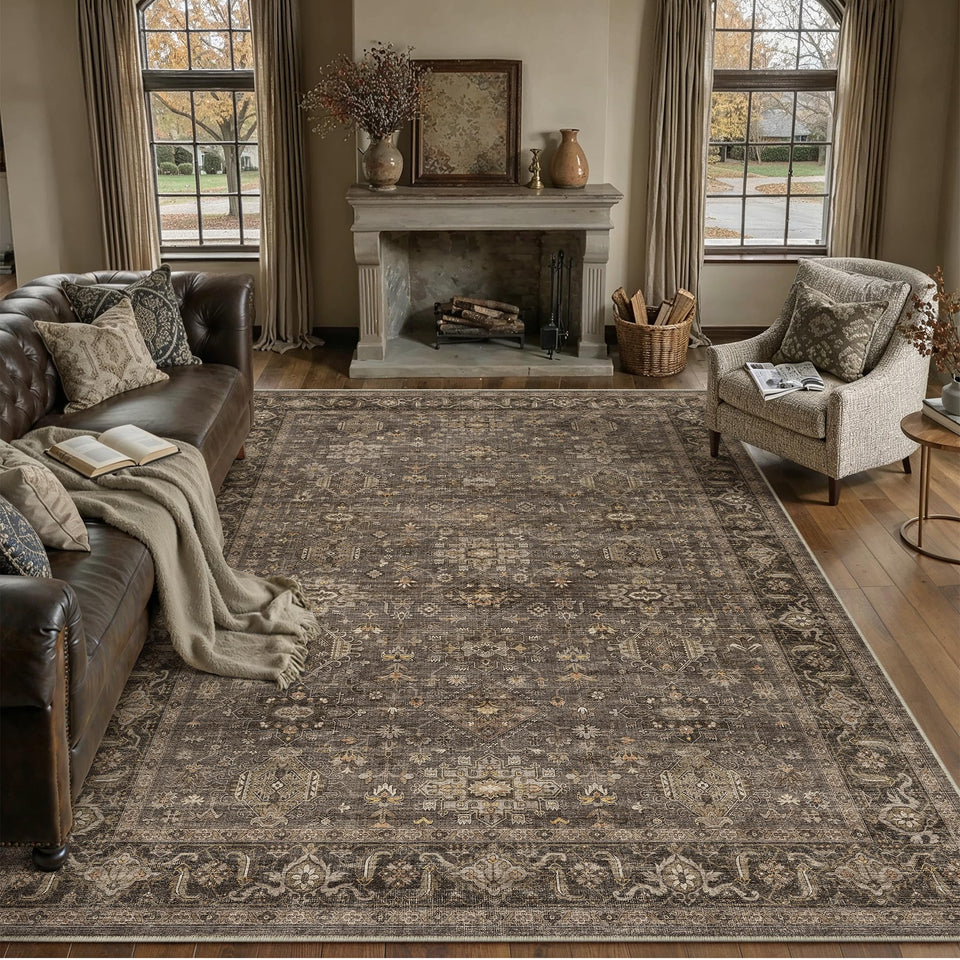 WondRg 8x10 rug in living room setup offers stylish retro flair with easy maintenance.