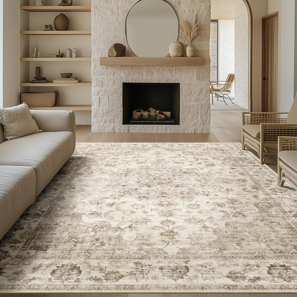 WondRg 8x10 rug with neutral vintage design adds timeless living room style.