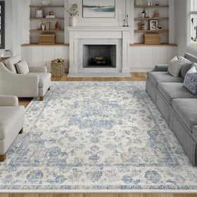 WondRg 8x10 washable neutral area rug blue vintage design enhances living room comfort.