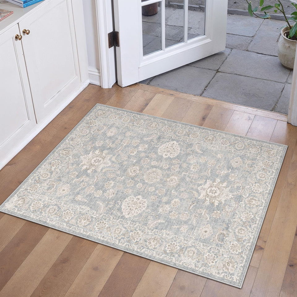 WondRg blue cream washable area rug with entryway anti-slip base.