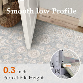 WondRg blue-cream-washable-area-rug low-pile design stays neat under furniture