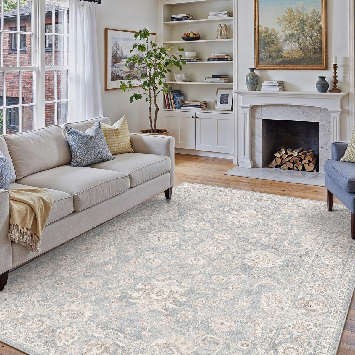 WondRg blue-cream-washable-area-rug non-slip bottom secures placement on wood floors