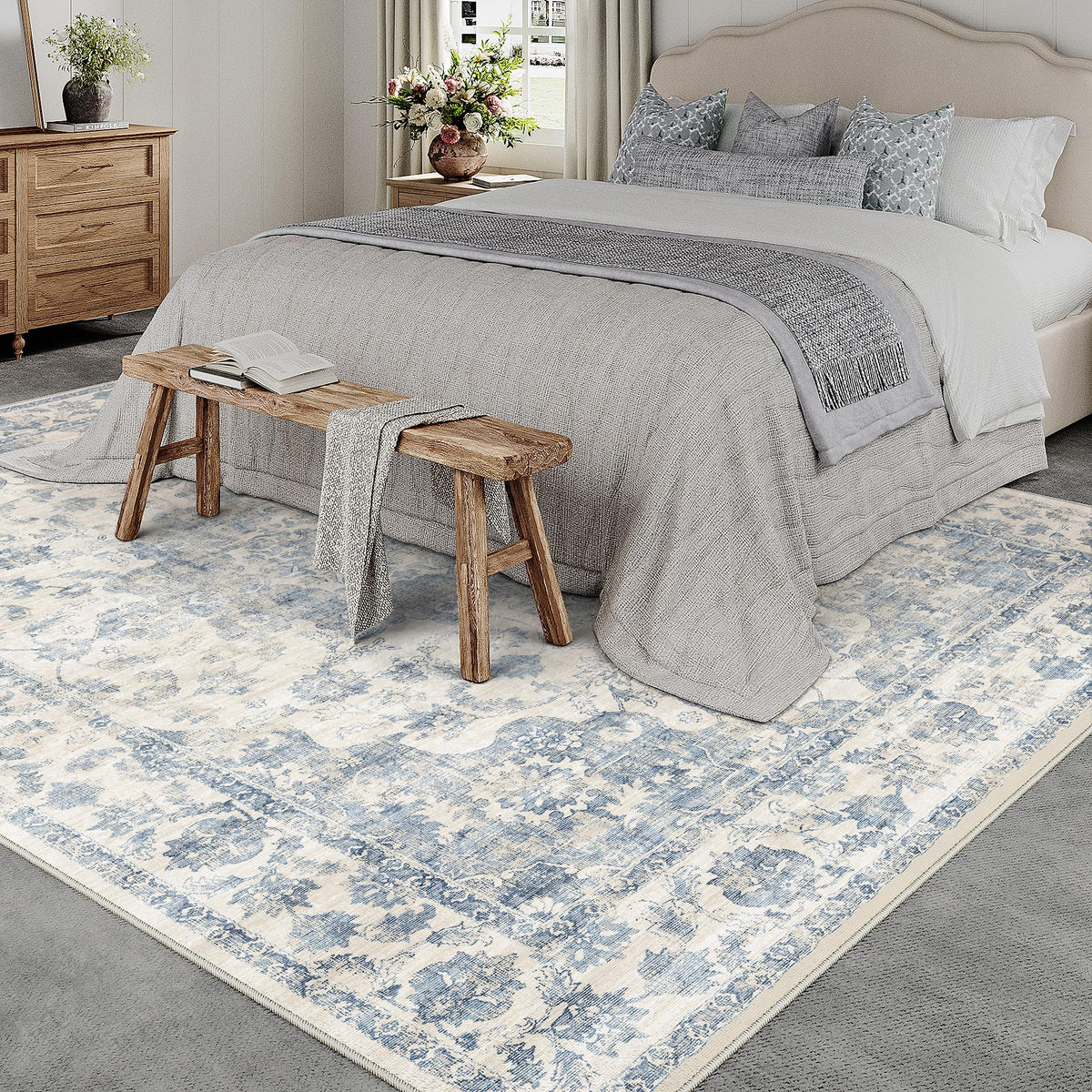 WondRg blue floral vintage area rug non-slip surface keeps high-traffic areas safe.