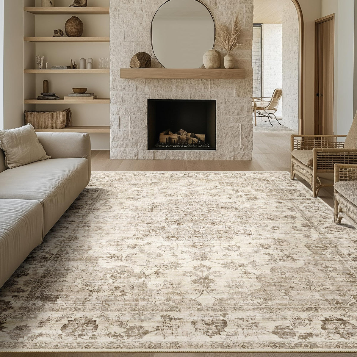 WondRg neutral beige vintage area rug in living room for warmth and style