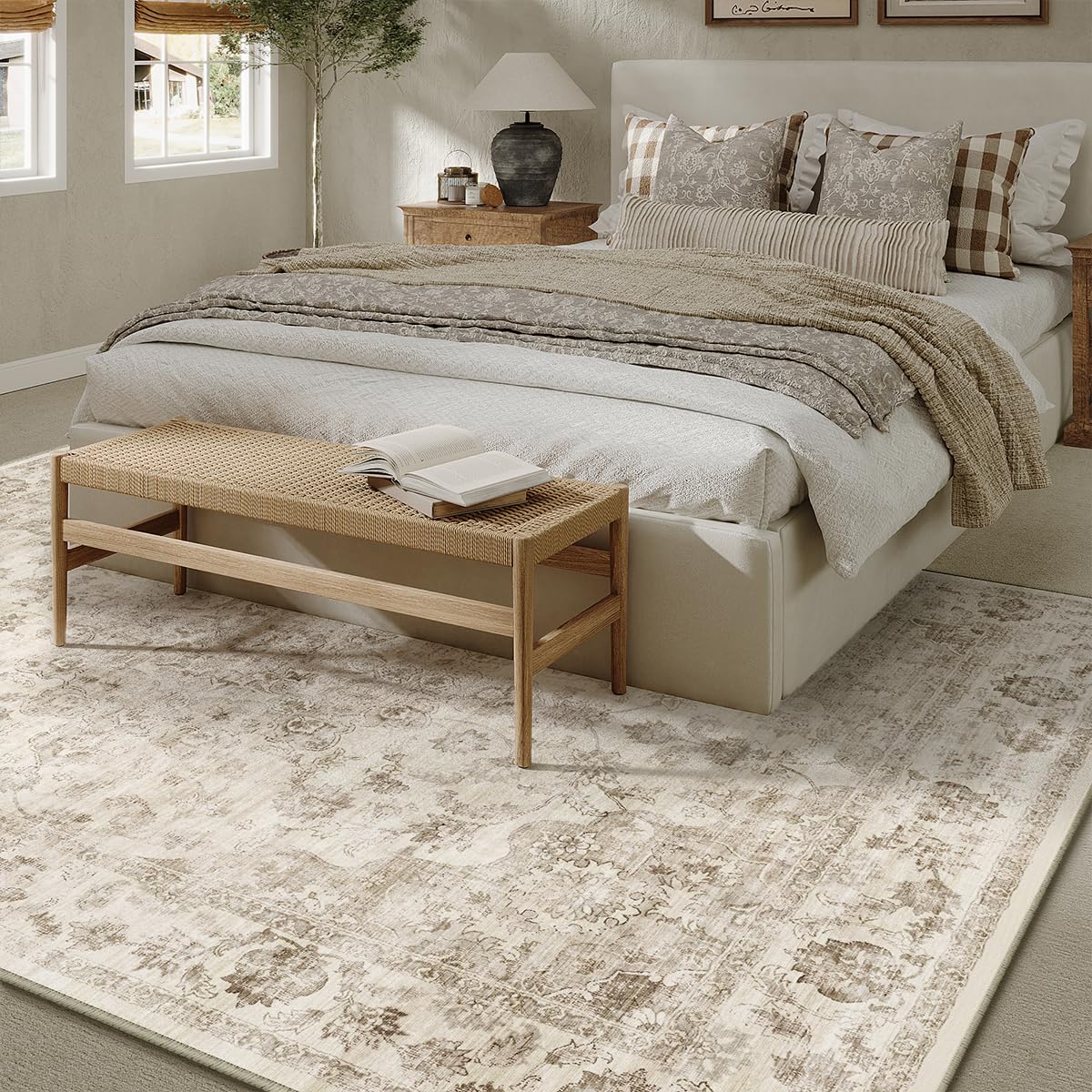 WondRg washable beige microfiber rug showing easy-clean capability
