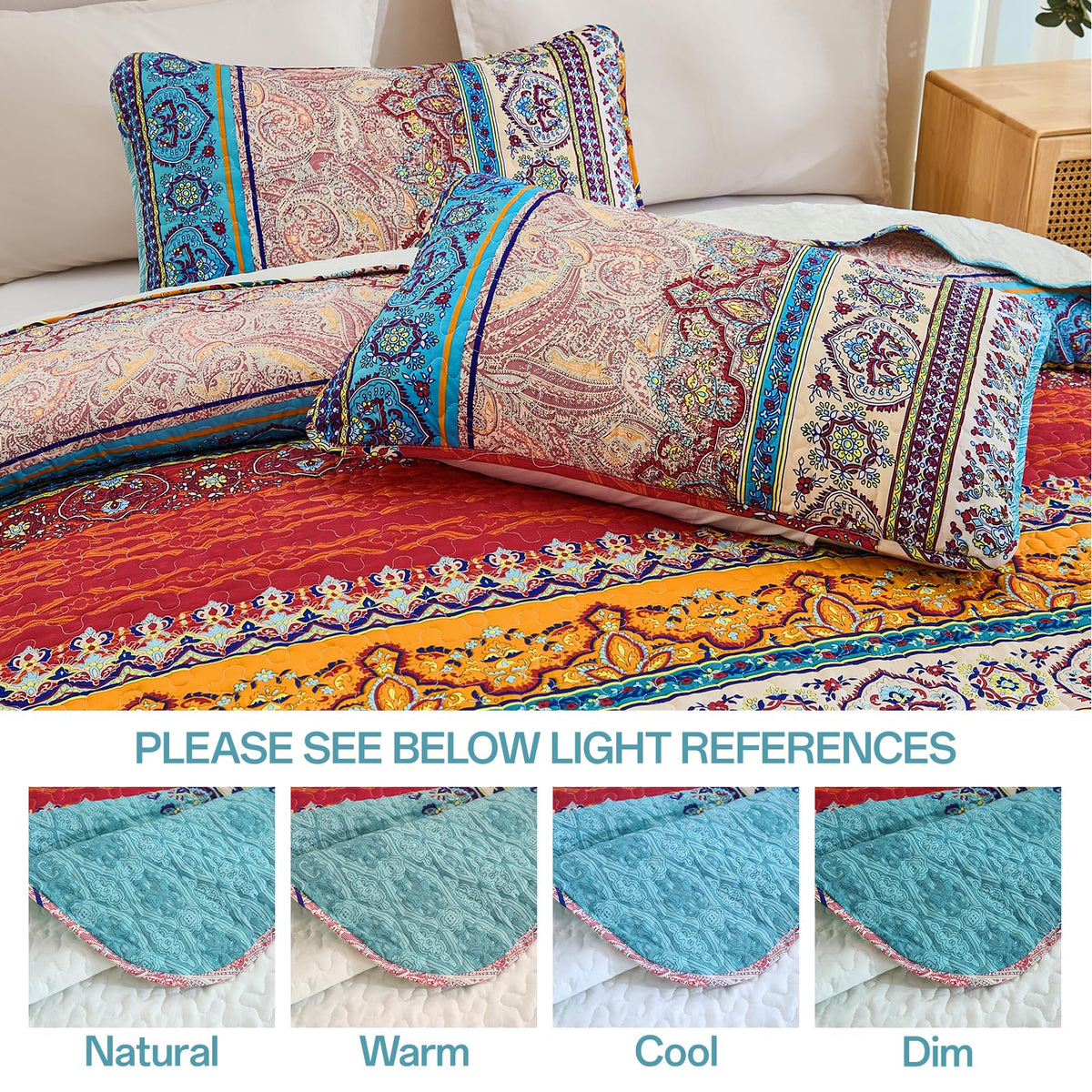 WONGS BEDDING beige bohemian quilt ensemble on bed - coordinated look