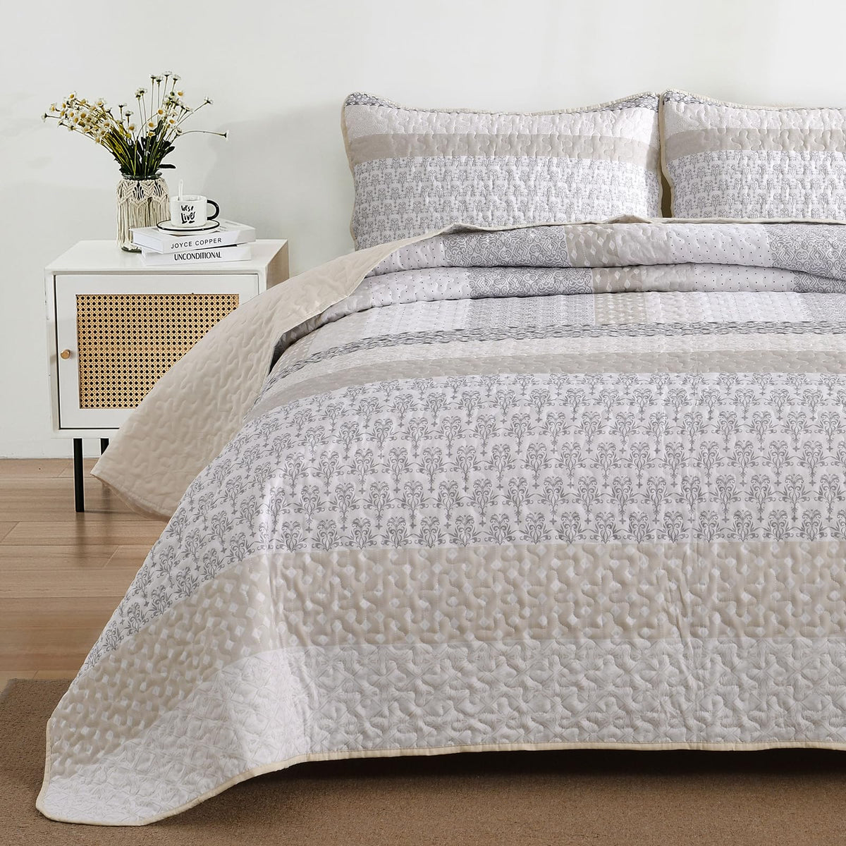 WONGS BEDDING beige bohemian stripe pattern adds bright, elegant room focal point