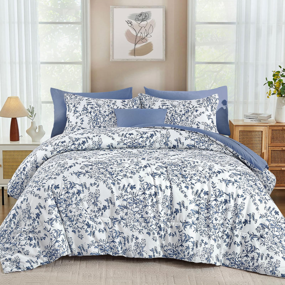 WONGS BEDDING blue floral king comforter with soft microfiber for year round comfort.
