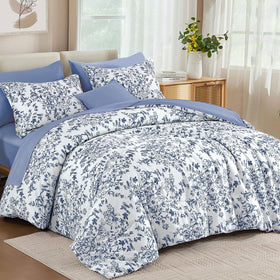 WONGS BEDDING blue floral eight piece bed in a bag laid out.