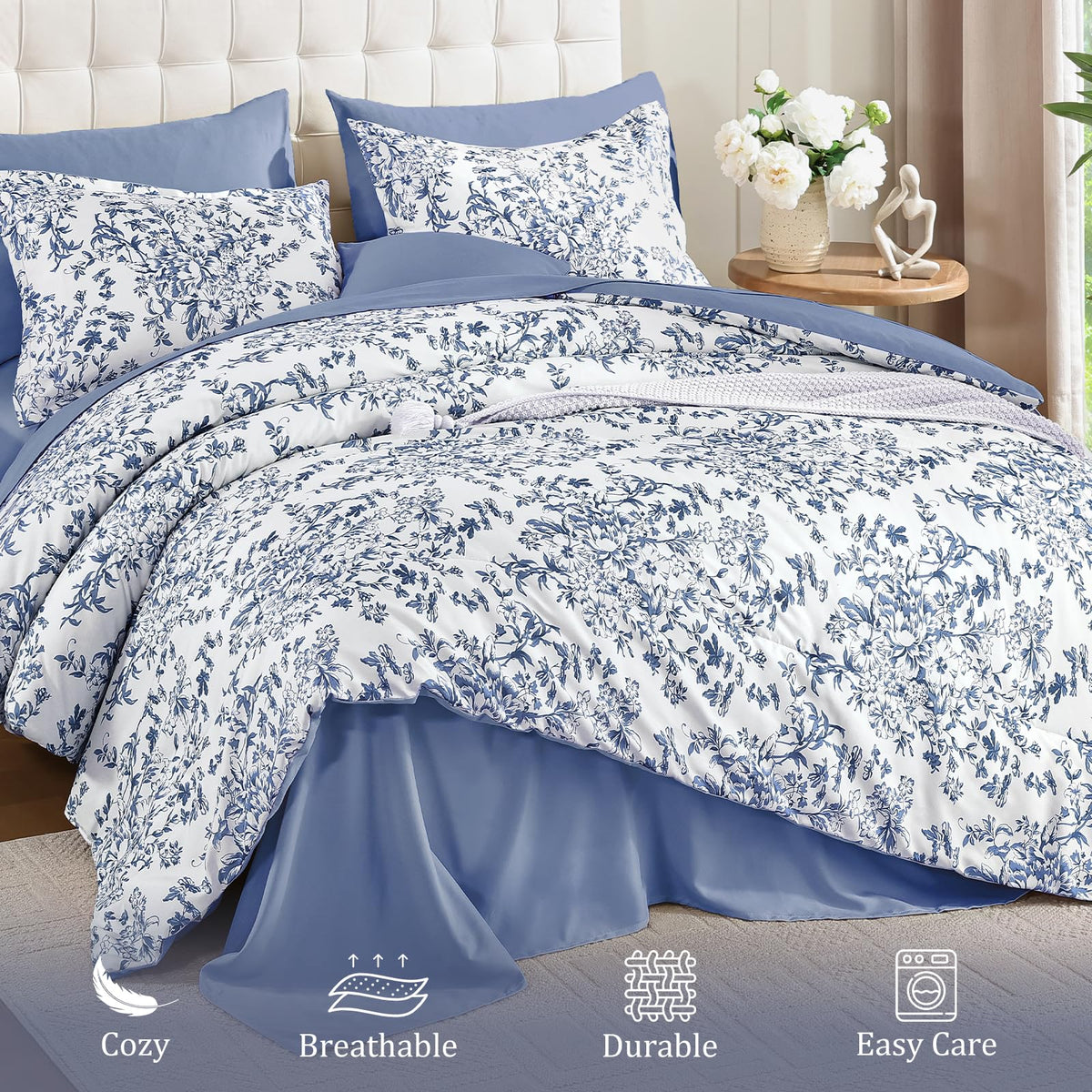 WONGS BEDDING blue floral fitted sheet with 14 inch deep pockets.