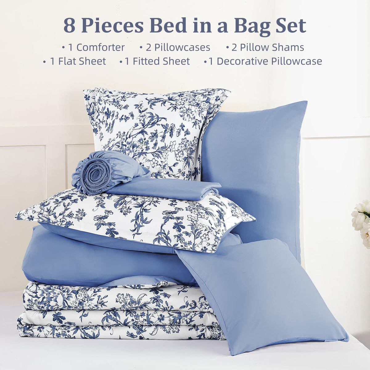WONGS BEDDING blue floral decorative pillowcase adds a polished touch.