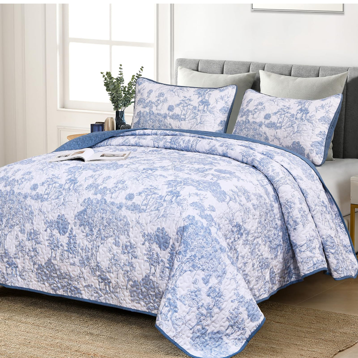 WONGS BEDDING blue quilt set queen size with botanical pattern for year-round comfort