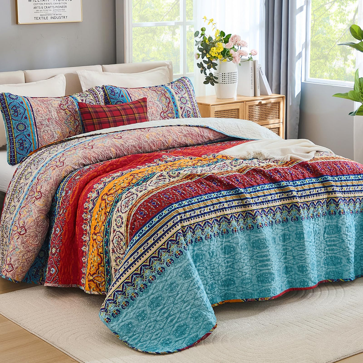 WONGS BEDDING bohemian quilt pattern stitching closeup highlights detailed embroidery