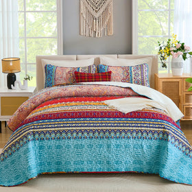 WONGS BEDDING bohemian quilt queen - front view on bed with eye-catching colors