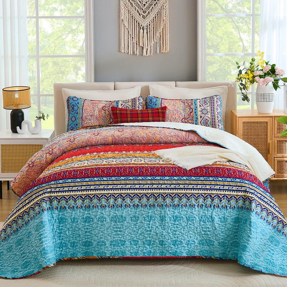 WONGS BEDDING bohemian quilt queen - front view on bed with eye-catching colors