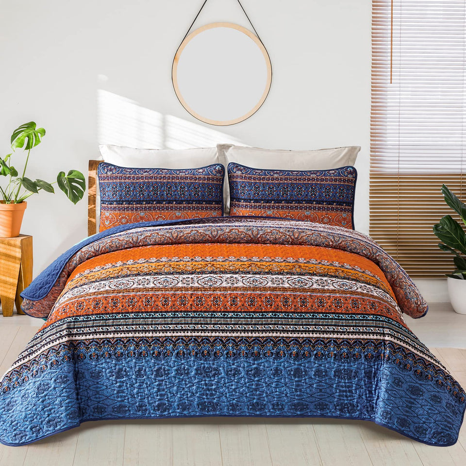 WONGS BEDDING boho fall queen quilt folded, showcasing soft microfiber comfort.