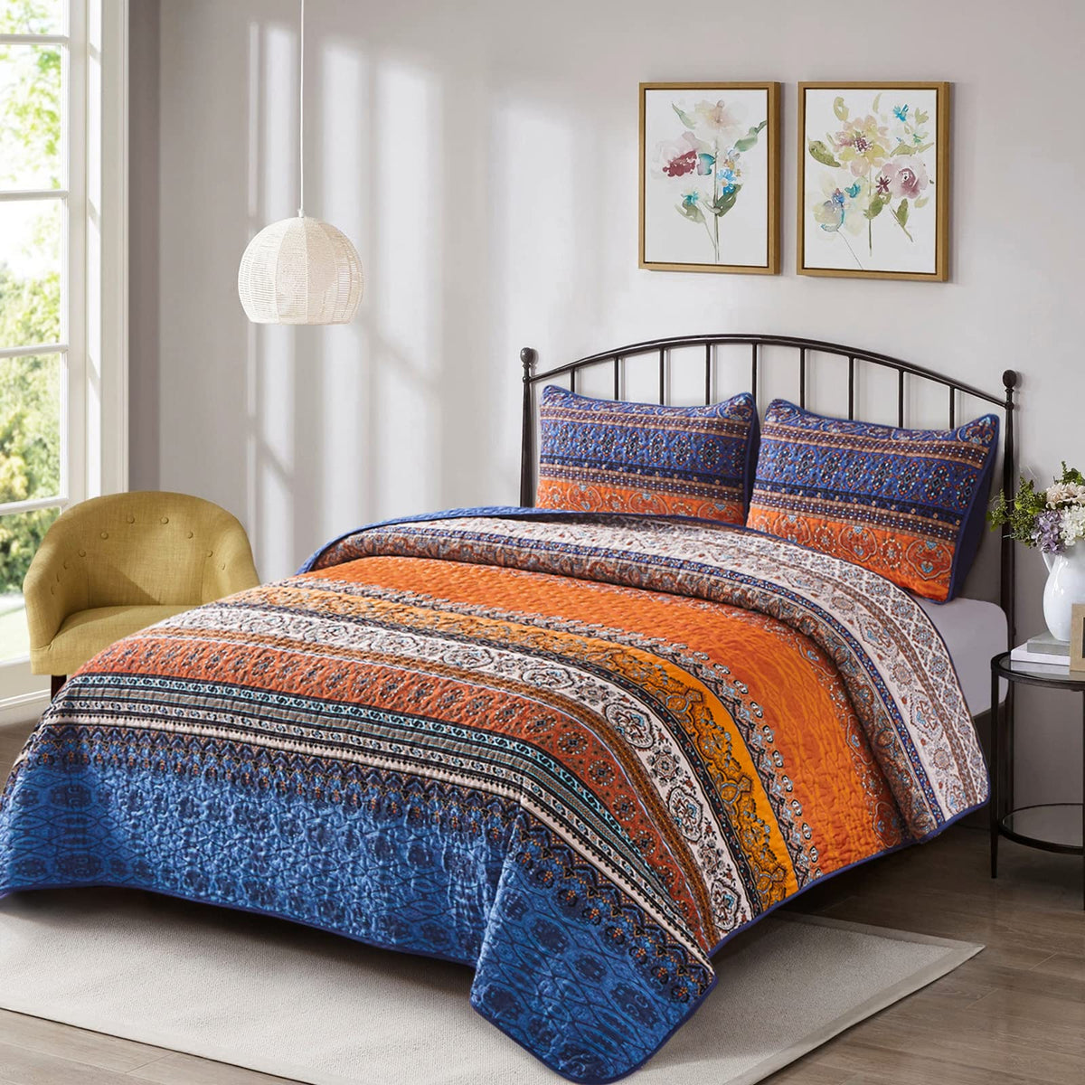 WONGS BEDDING boho fall queen quilt pattern closeup highlighting vivid colors.