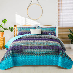 WONGS BEDDING boho quilt king on bed with blue purple tones for a stylish focal point.
