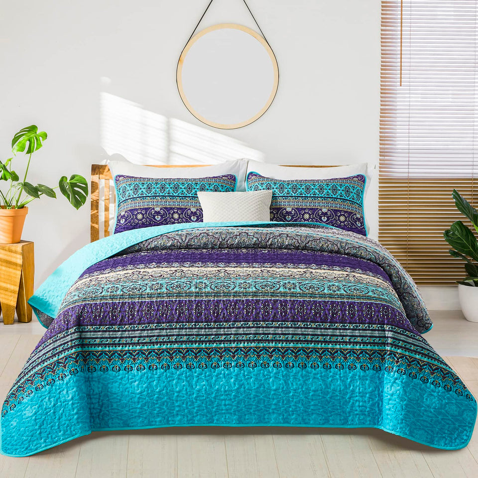 WONGS BEDDING boho quilt king on bed with blue purple tones for a stylish focal point.