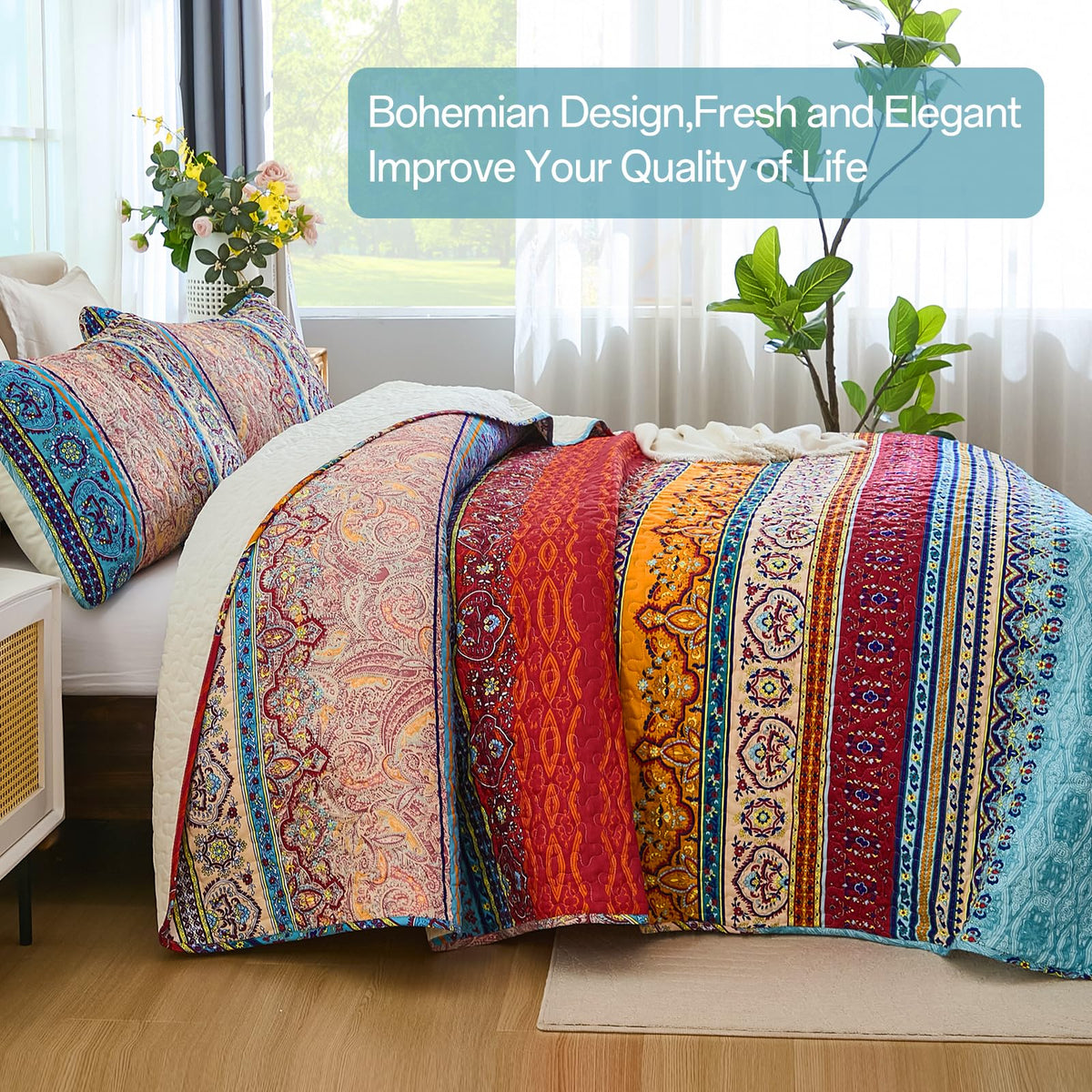 WONGS BEDDING boho-striped bedspread on bed - lightweight yet warm for all seasons