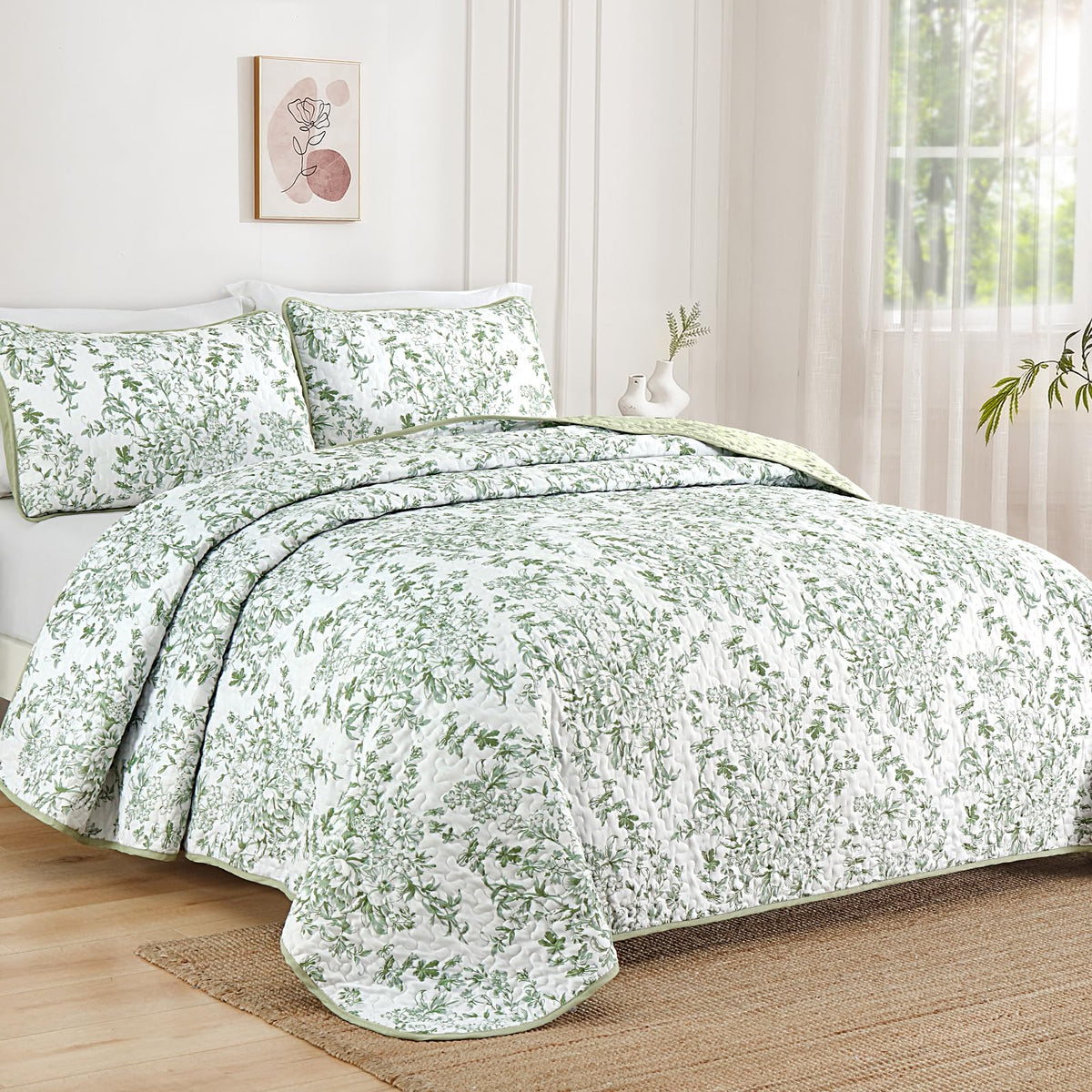 WONGS BEDDING botanical print quilt adds leafy charm to a stylish bedroom