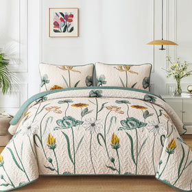 WONGS BEDDING floral quilt set queen size with green-yellow print for fresh spring ambience
