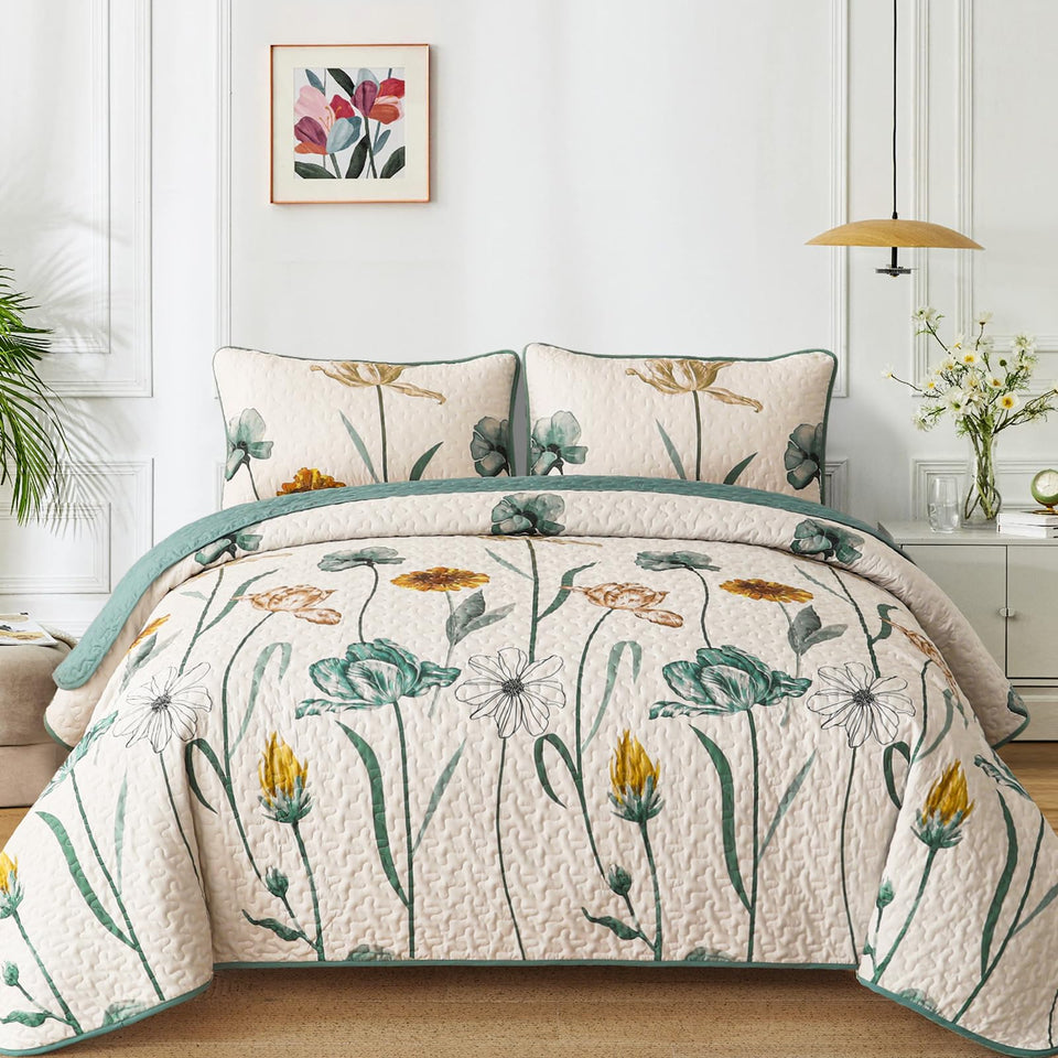 WONGS BEDDING floral quilt set queen size with green-yellow print for fresh spring ambience