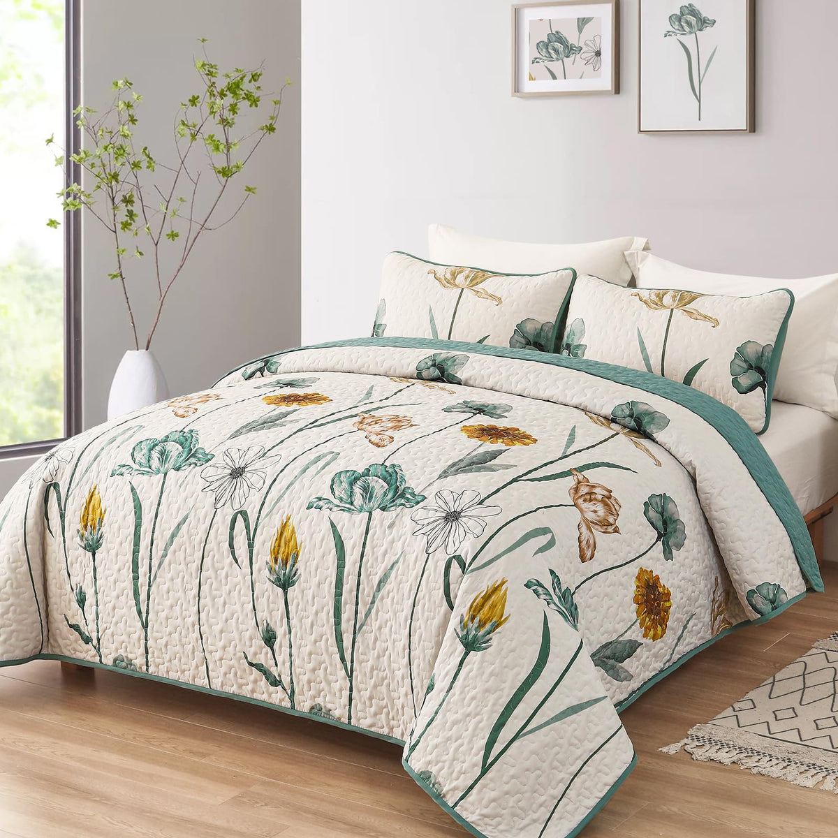 WONGS BEDDING green-yellow botanical print pillowcases add coordinated charm