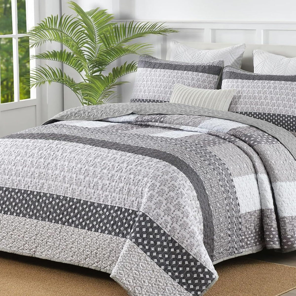 WONGS BEDDING grey quilt queen with boho stripe pattern for cozy all-season warmth.