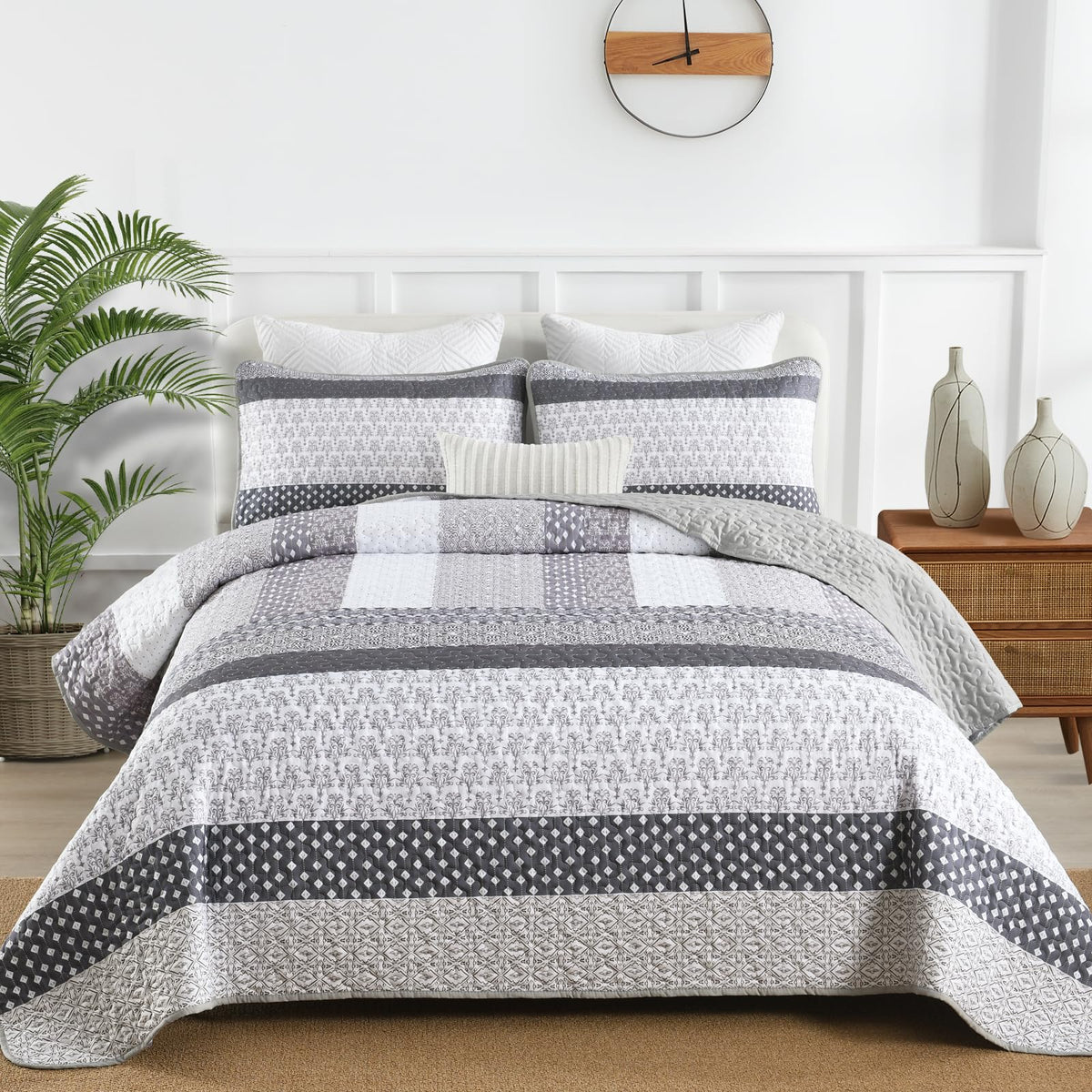 WONGS BEDDING boho stripe reversible quilt showcases two looks in one cozy design.