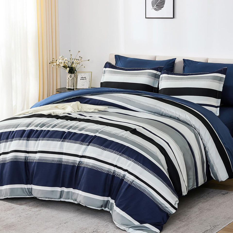 WONGS BEDDING queen comforter set with navy stripes for a modern look and comfort.