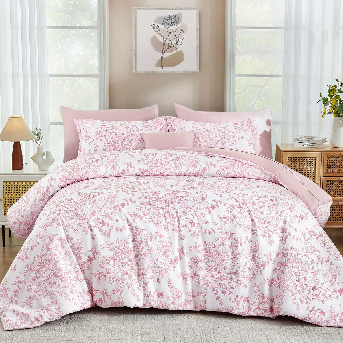 WONGS BEDDING queen comforter set in pink floral pattern for all-season coziness