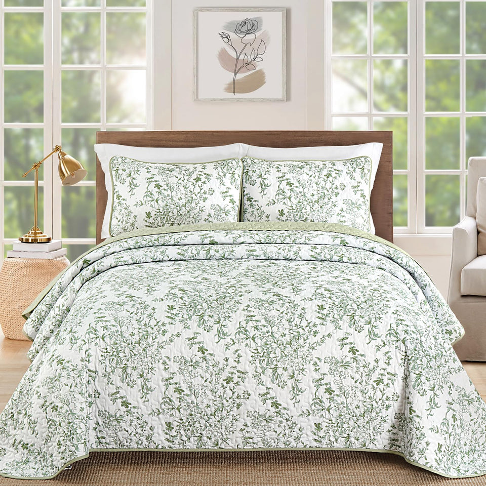 WONGS BEDDING sage green quilt with pillowcases on a queen bed for soft comfort