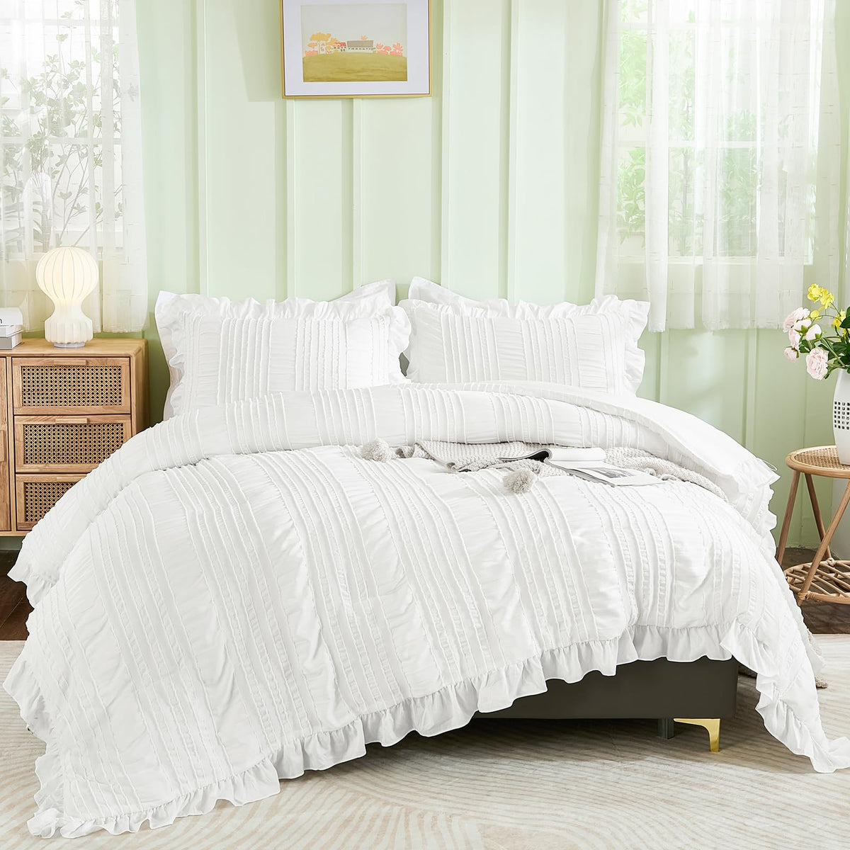 The WONGS BEDDING seersucker texture with ruffle detail creates a chic bedroom look.