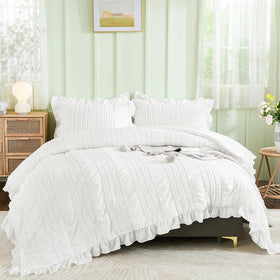 The WONGS BEDDING seersucker texture with ruffle detail creates a chic bedroom look.