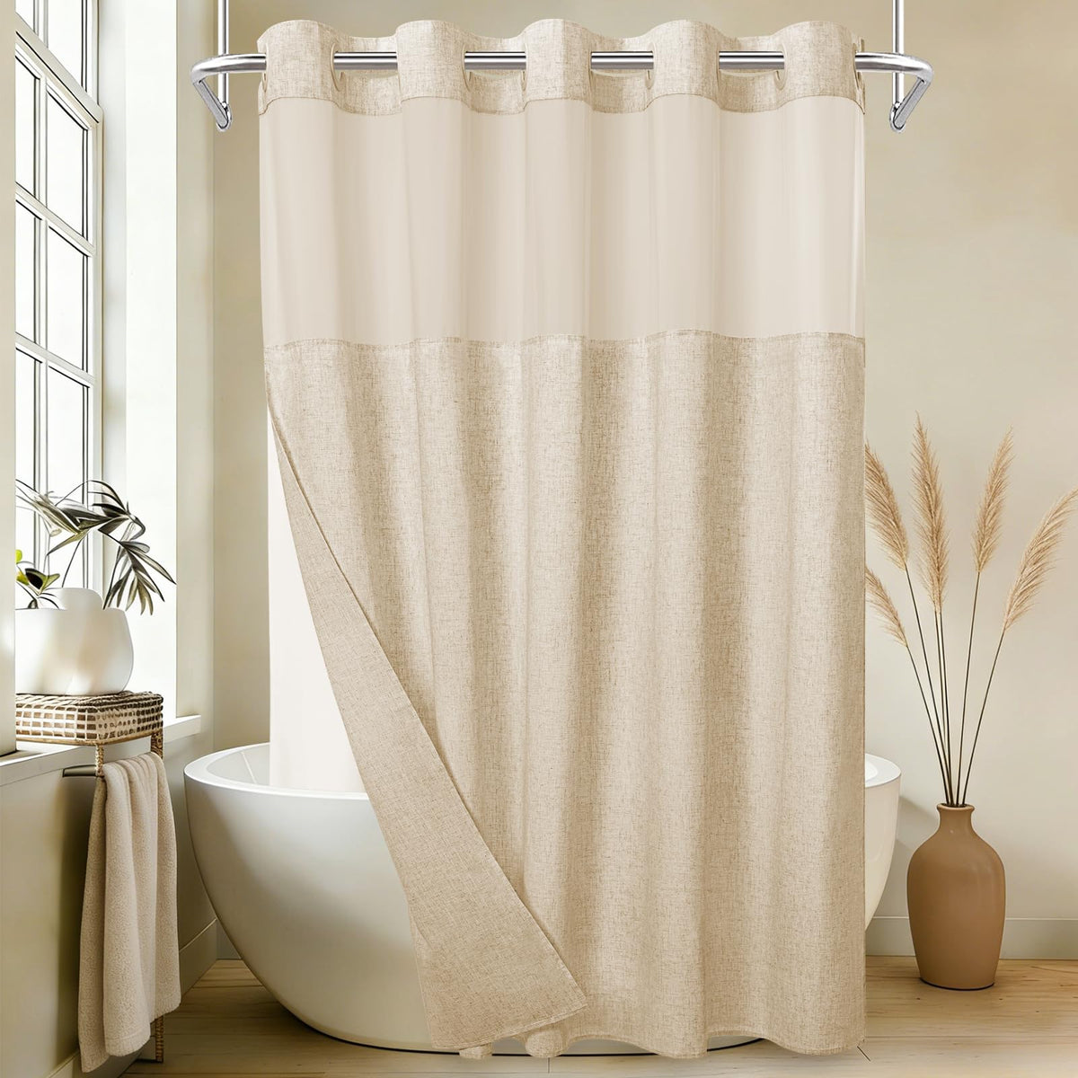 WONICY linen-textured curtain showcases no-hook design for fast bathroom updates.