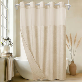 WONICY linen-textured curtain showcases no-hook design for fast bathroom updates.