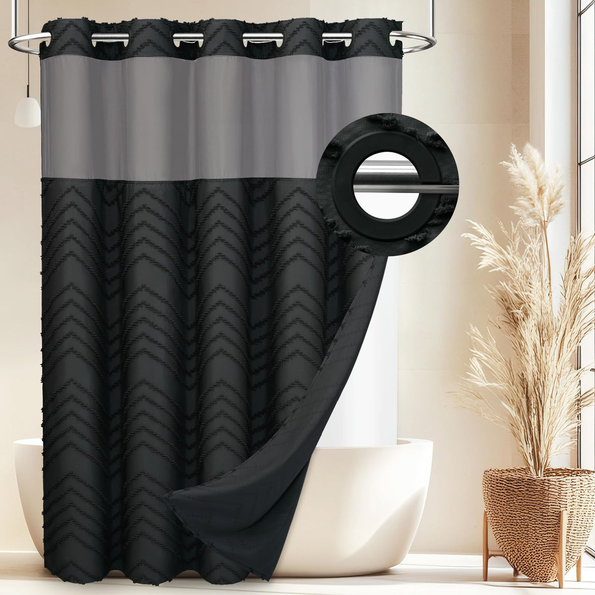 WONICY No Hook Shower Curtain with Snap-in Liner enables quick, tool-free hanging.
