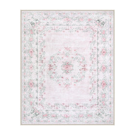 Wonnitar pink floral rug close-up shows velvet texture and cozy feel.