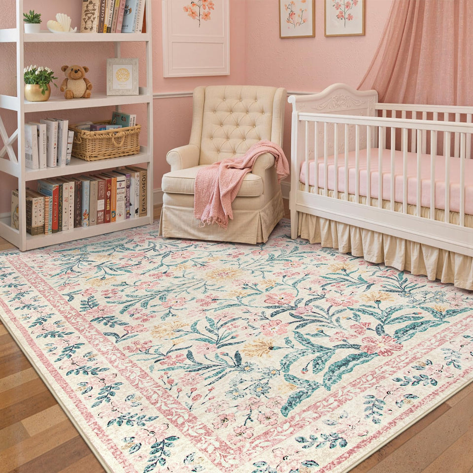 Wonnitar pink nursery rug with soft floral design for cozy feet