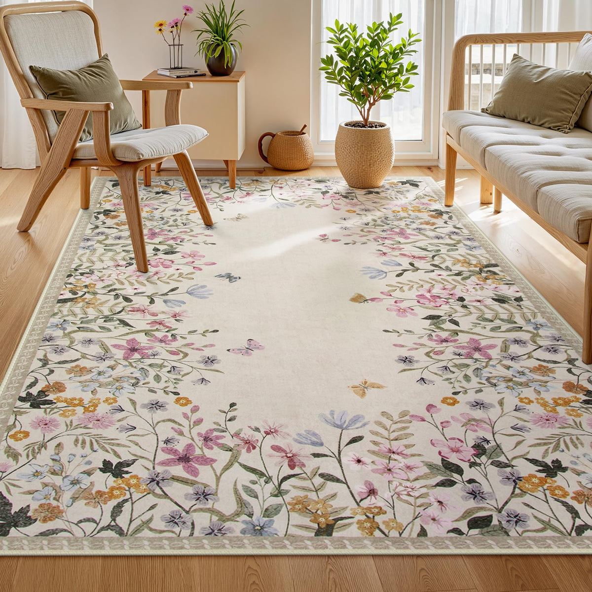 Wonnitar 5x7 rug with floral beige design enhances living room ambiance