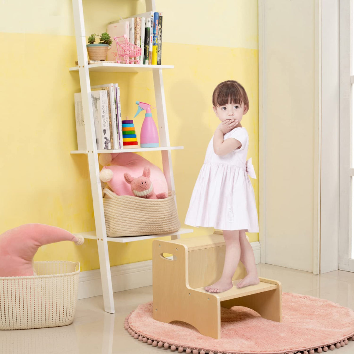 WOOD CITY natural finish stool blends with décor while remaining durable.