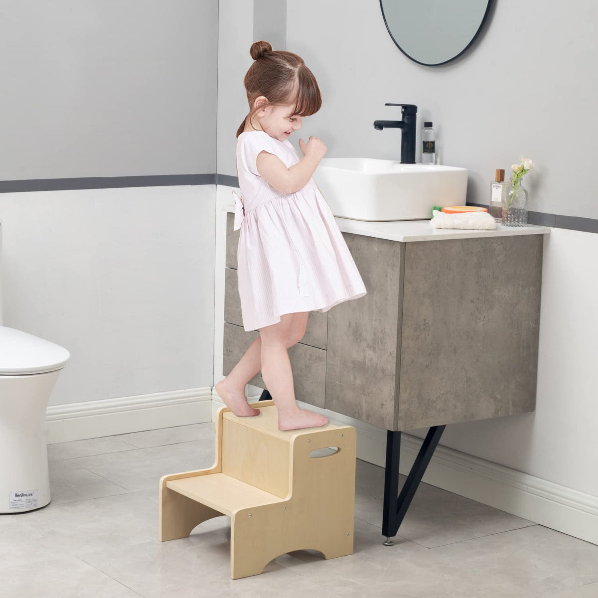 WOOD CITY step stool with handles, closeup, easy to move between rooms.