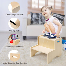 WOOD CITY toddler stool at sink helps children reach the faucet safely.