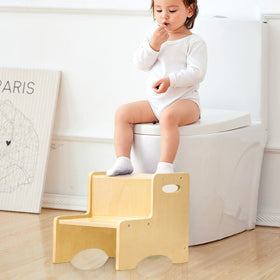 WOOD CITY two-step stool, side view, sturdy build supports growing kids.