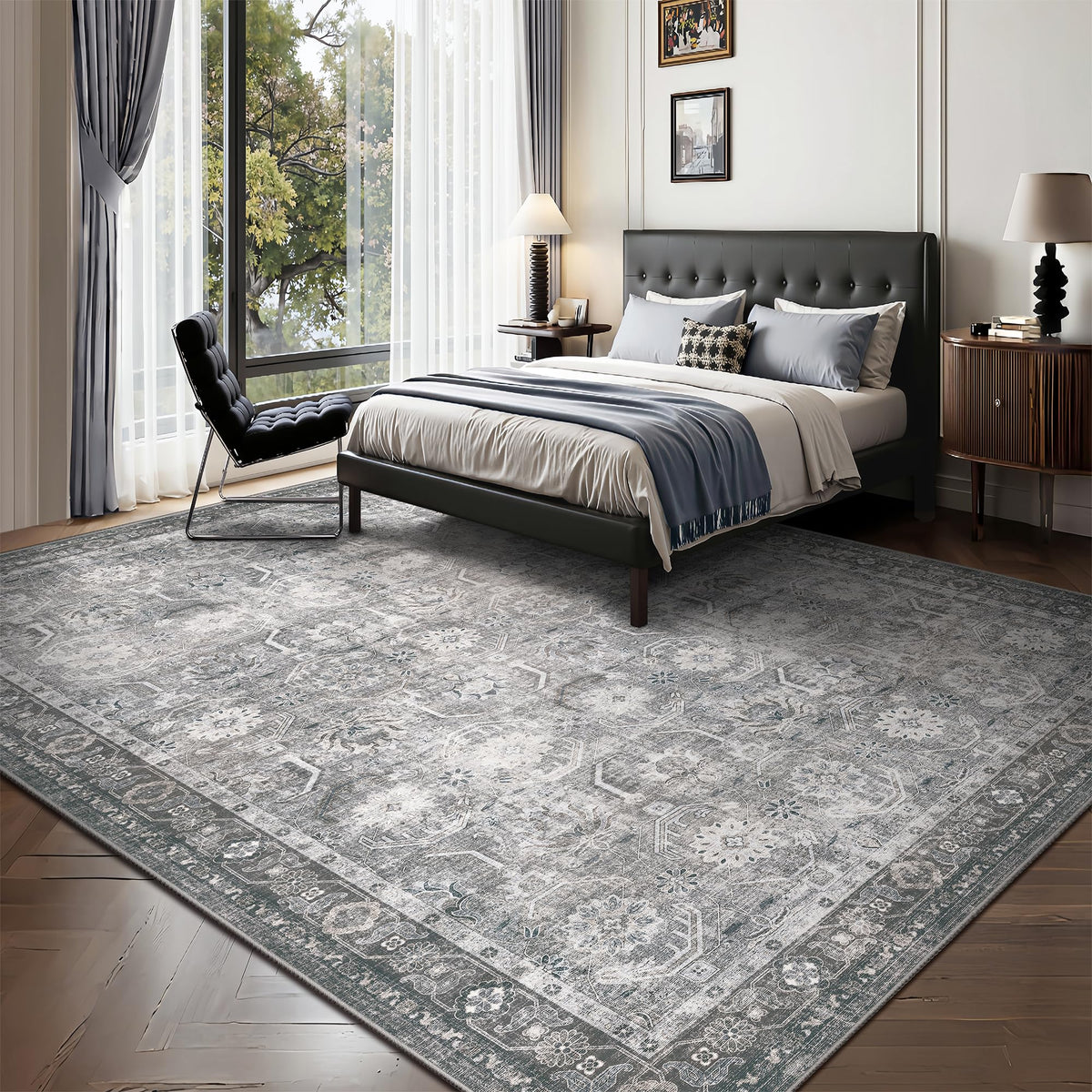 Woodbruy distressed grey rug close-up highlighting plush texture