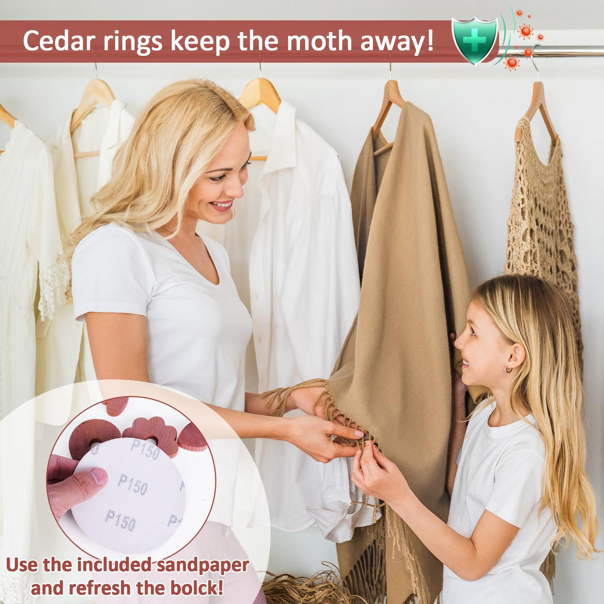 Woodever cedar garlands lining a wardrobe to deter pests and keep fibers fresh.